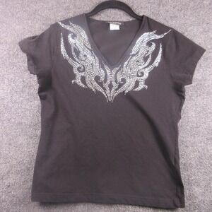 Get Lucky Shirt Womens Large Black Rhinestone Tribal V Neck‎ Tee Graphic
